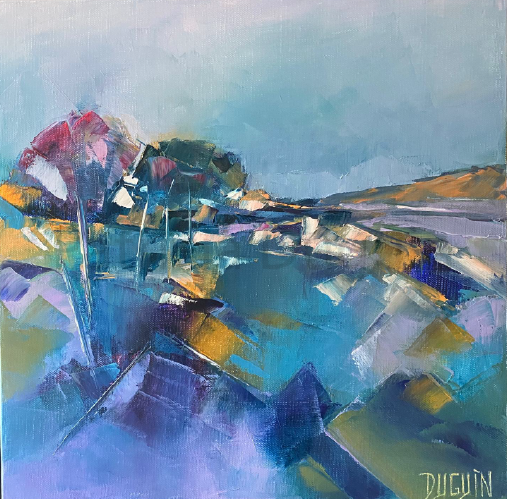tableau-peinture-huile-patricia-duguin-vue-du-lac-de-guerledan-40x40