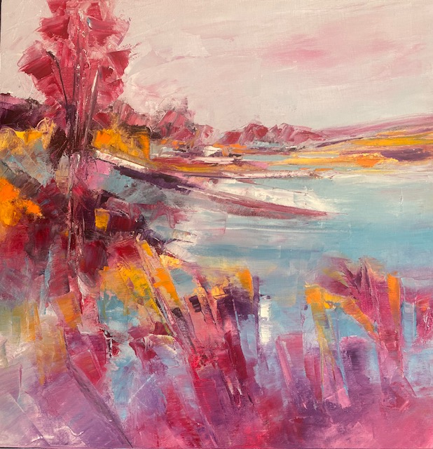 peinture-huile-patricia-duguin-reverie-au-bord-du-lac-50x50
